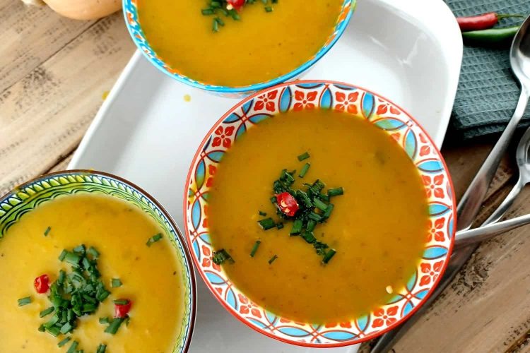 Creamy Butternut Soup made with Chicken Stock and Curry Spices