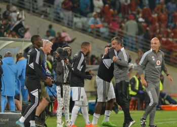 Orlando Pirates bench celebrating a win after final whistle
