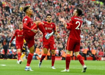 Liverpool celebrating a goal